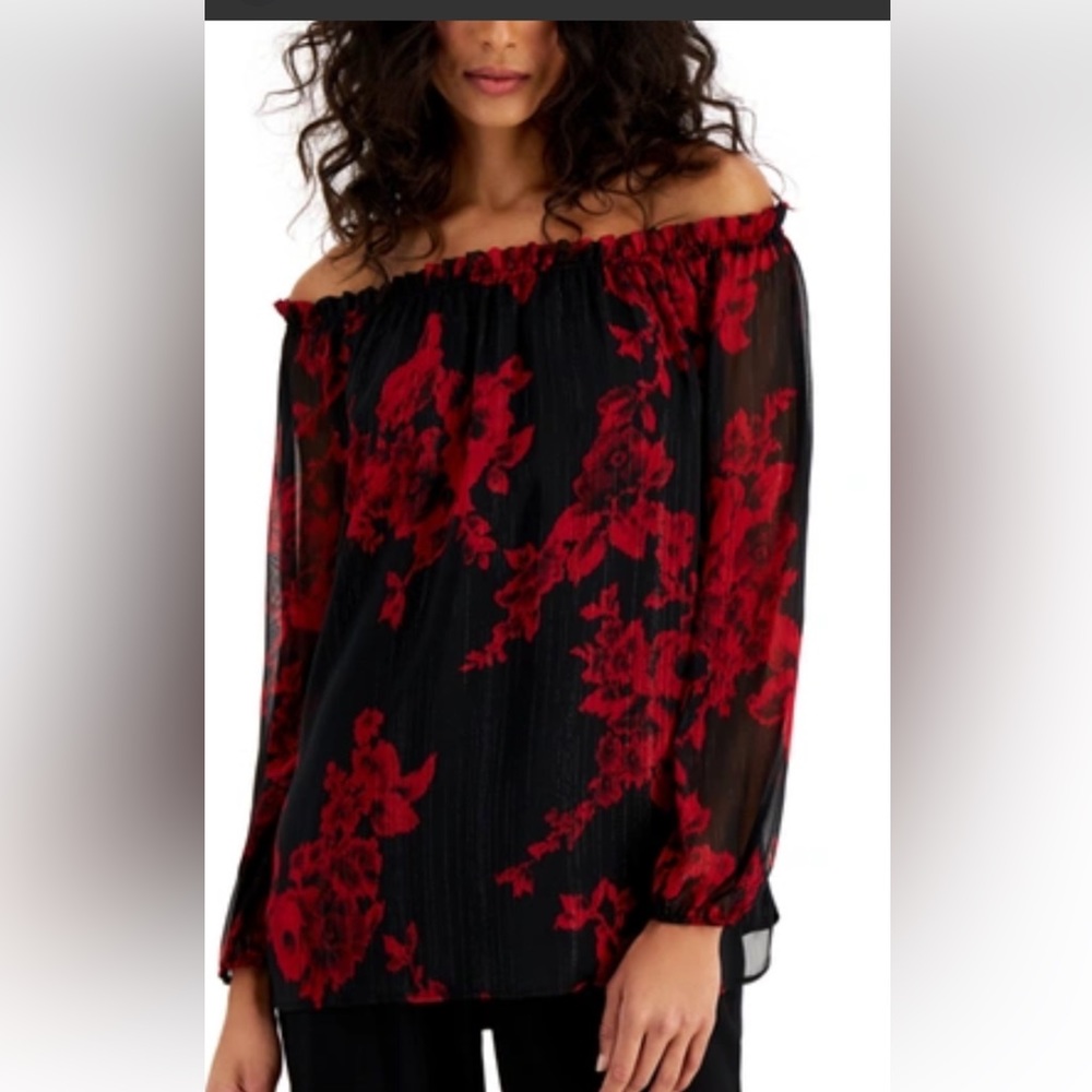 Nine West Top, Black,red print, elastic neckline could wear off shoulder‎ S NWT